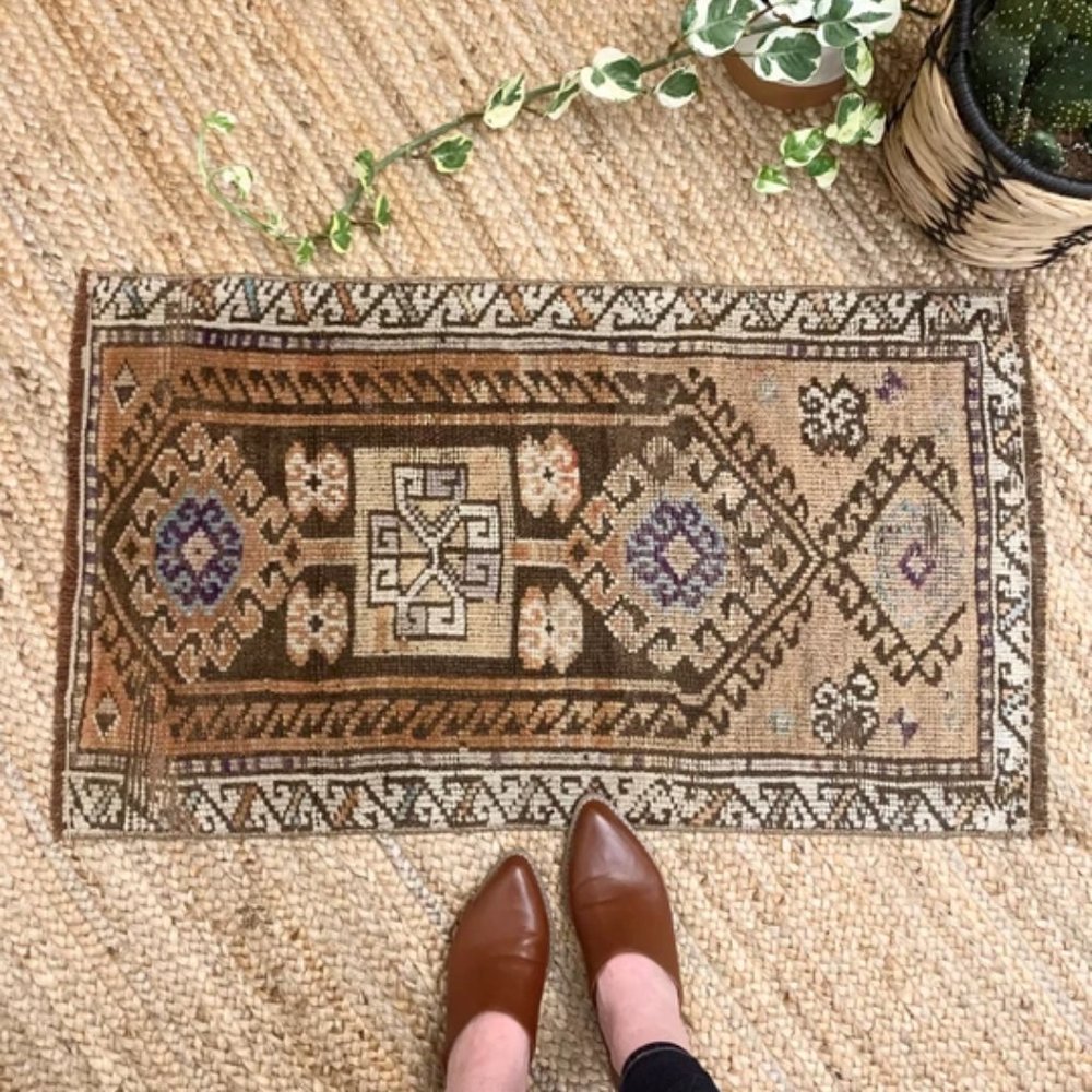 Vintage Small Boho Turkish Mini 2x3 Rug Brown